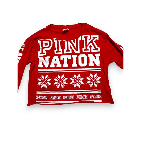 PINK Victoria Secret Red Festive Graphic Long Sleeve Crop Top Size XS - Picture 4 of 9